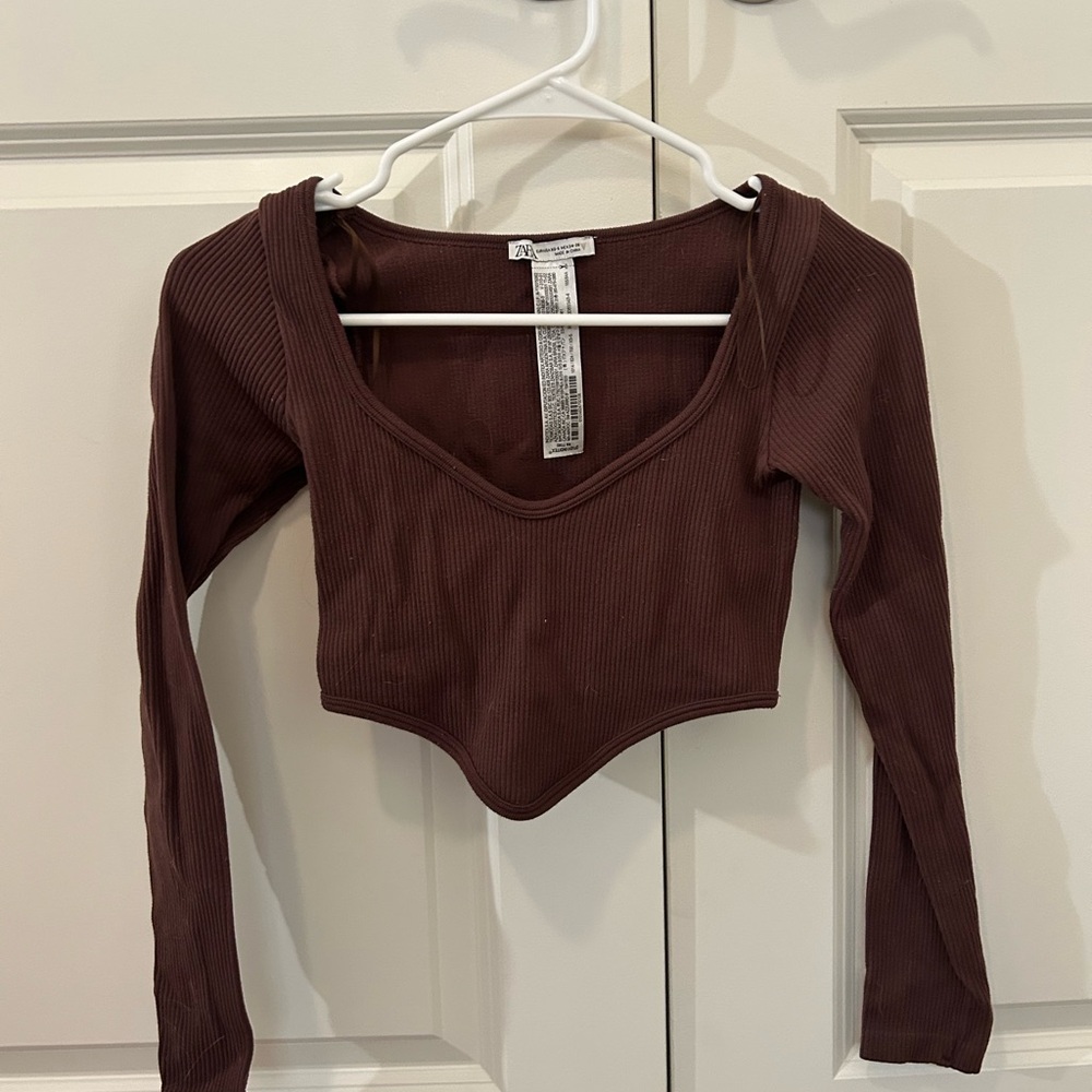 Zara Chocolate V-Neck Long Sleeve Shirt